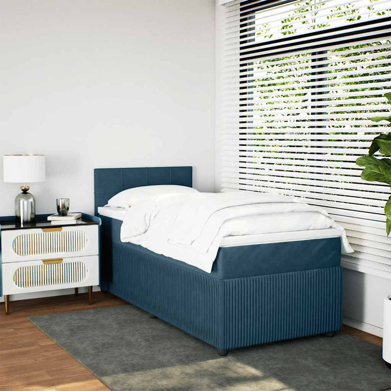 Pat box spring cu saltea, albastru, 100x200 cm, catifea