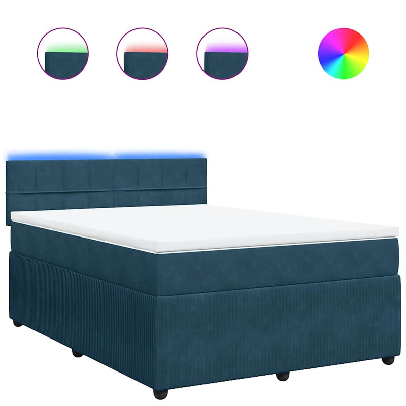 Pat box spring cu saltea, albastru, 140x190 cm, catifea