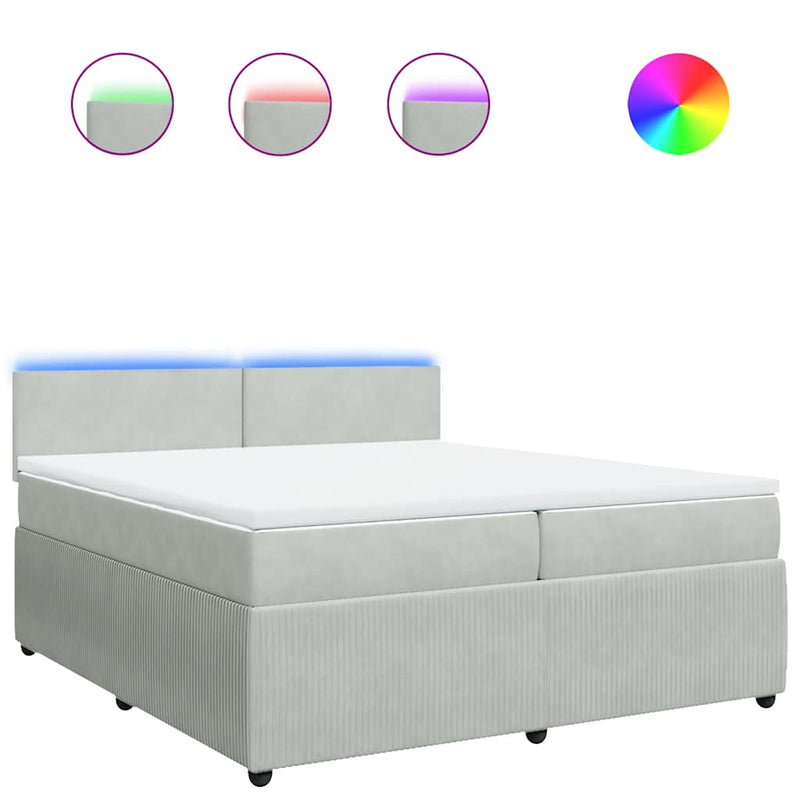 Pat box spring cu saltea, gri deschis, 200x200 cm, catifea