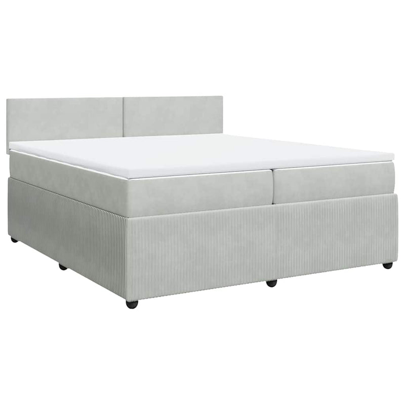 Pat box spring cu saltea, gri deschis, 200x200 cm, catifea