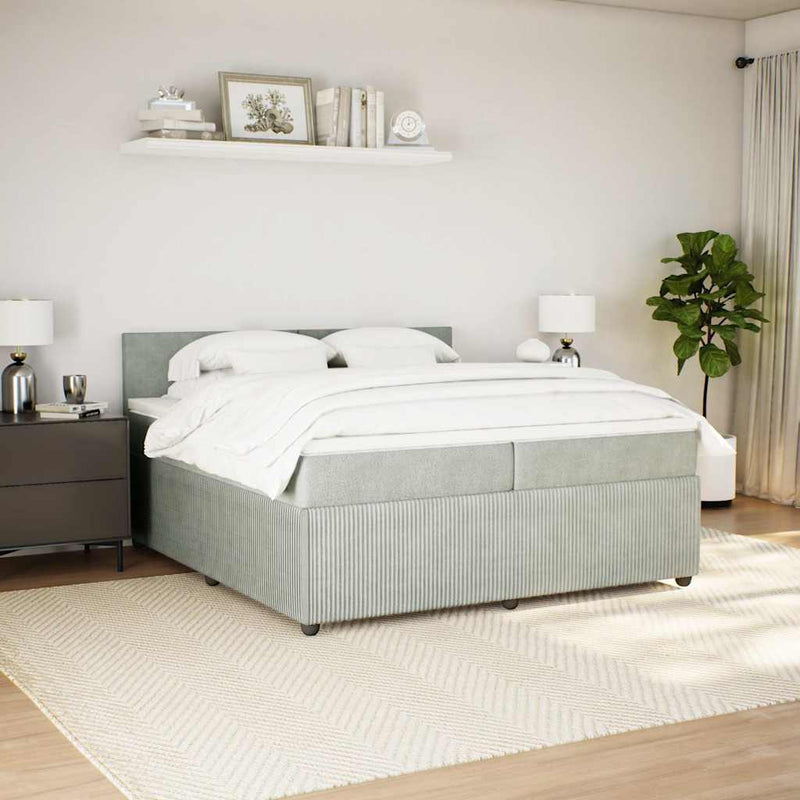 Pat box spring cu saltea, gri deschis, 200x200 cm, catifea