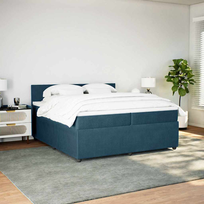 Pat box spring cu saltea, albastru, 200x200 cm, catifea