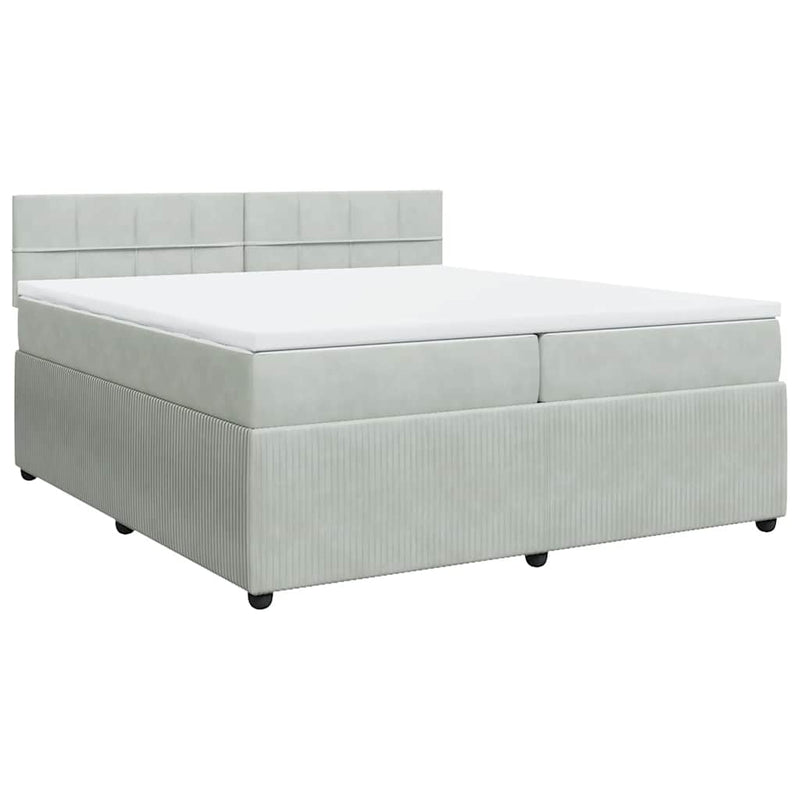 Pat box spring cu saltea, gri deschis, 200x200 cm, catifea