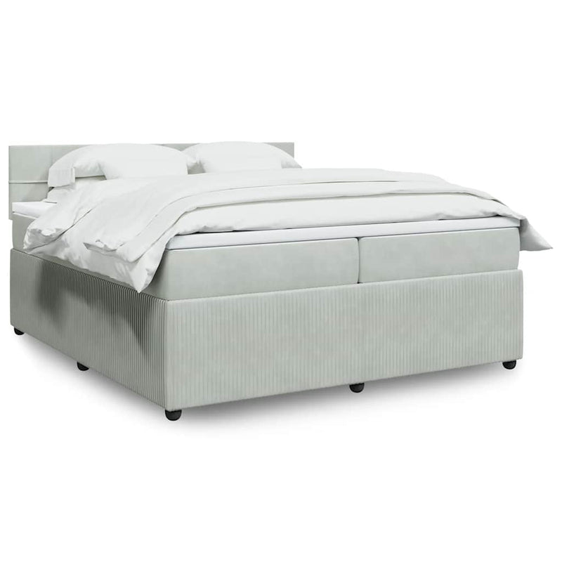 Pat box spring cu saltea, gri deschis, 200x200 cm, catifea