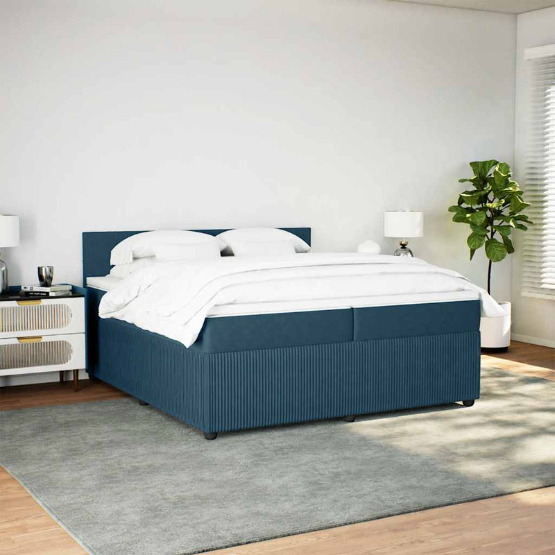 Pat box spring cu saltea, albastru, 200x200 cm, catifea