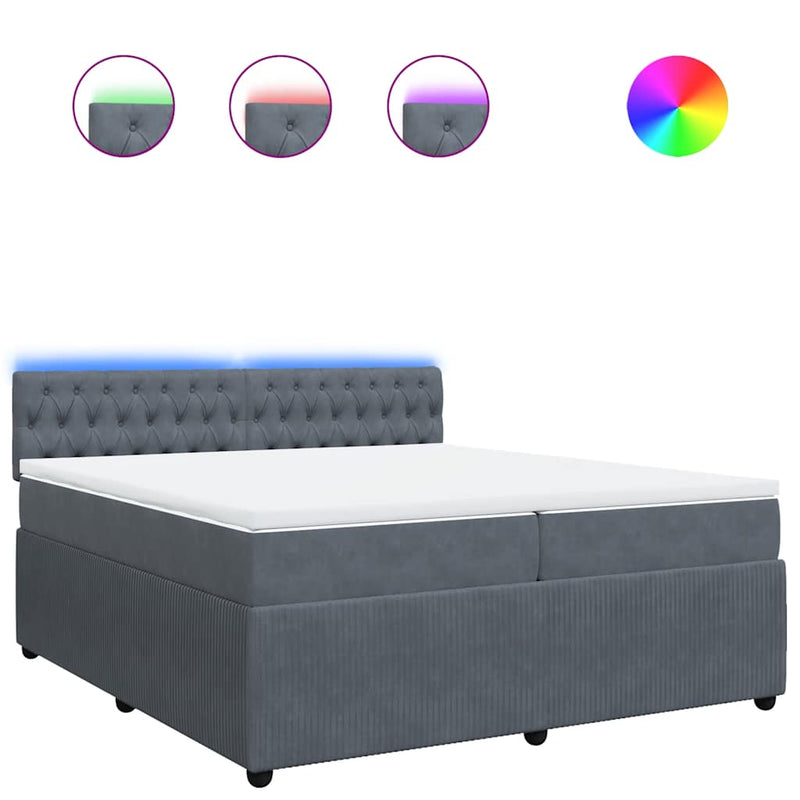 Pat box spring cu saltea, gri închis, 200x200 cm, catifea