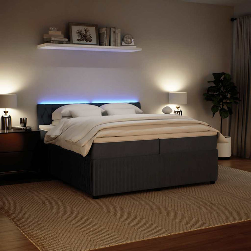 Pat box spring cu saltea, gri închis, 200x200 cm, catifea