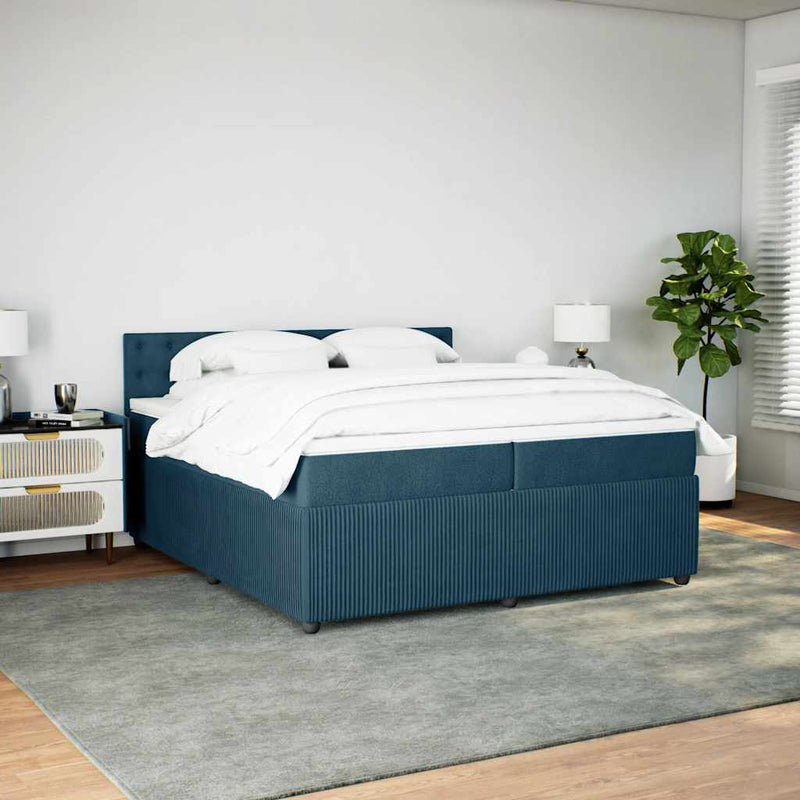 Pat box spring cu saltea, albastru, 200x200 cm, catifea