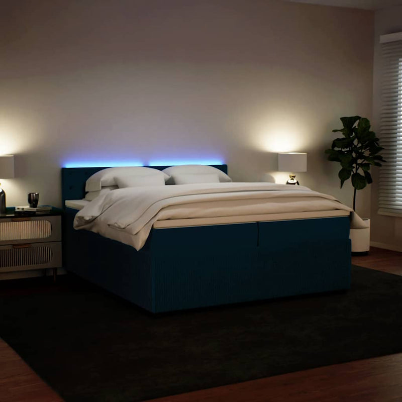 Pat box spring cu saltea, albastru, 200x200 cm, catifea
