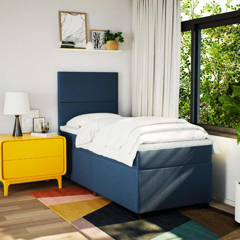 Pat box spring cu saltea, albastru, 90x190 cm, textil