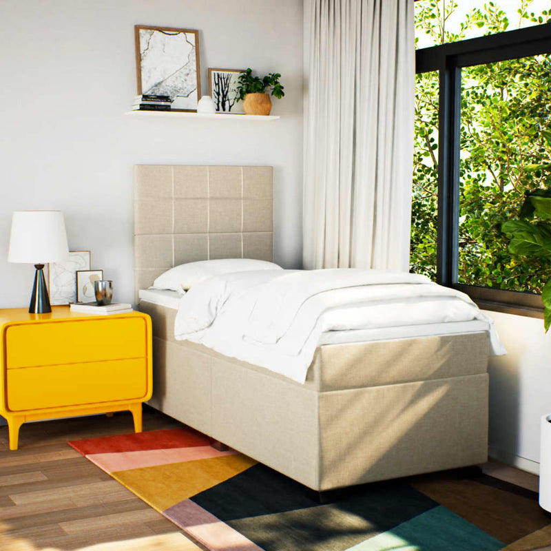 Pat box spring cu saltea, crem, 90x190 cm, textil