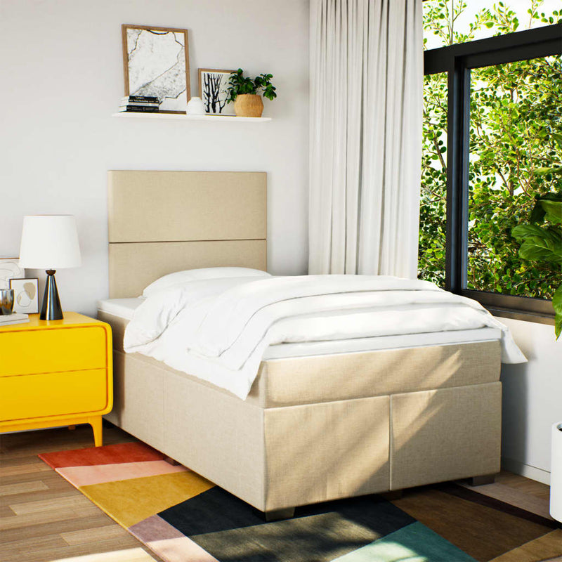 Pat box spring cu saltea, crem, 120x200 cm, textil