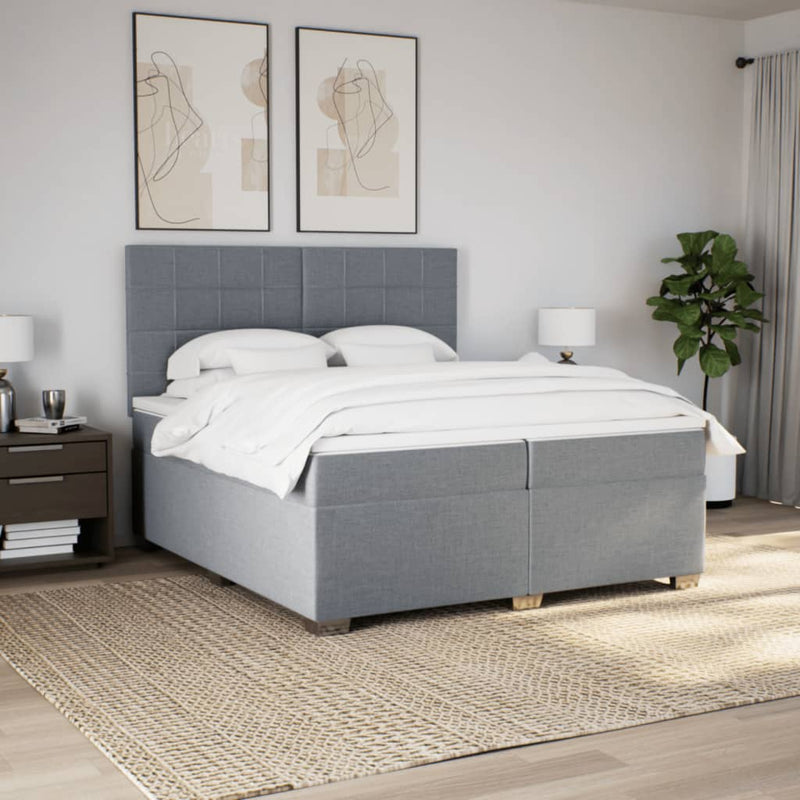 Pat box spring cu saltea, gri deschis, 200x200 cm, textil