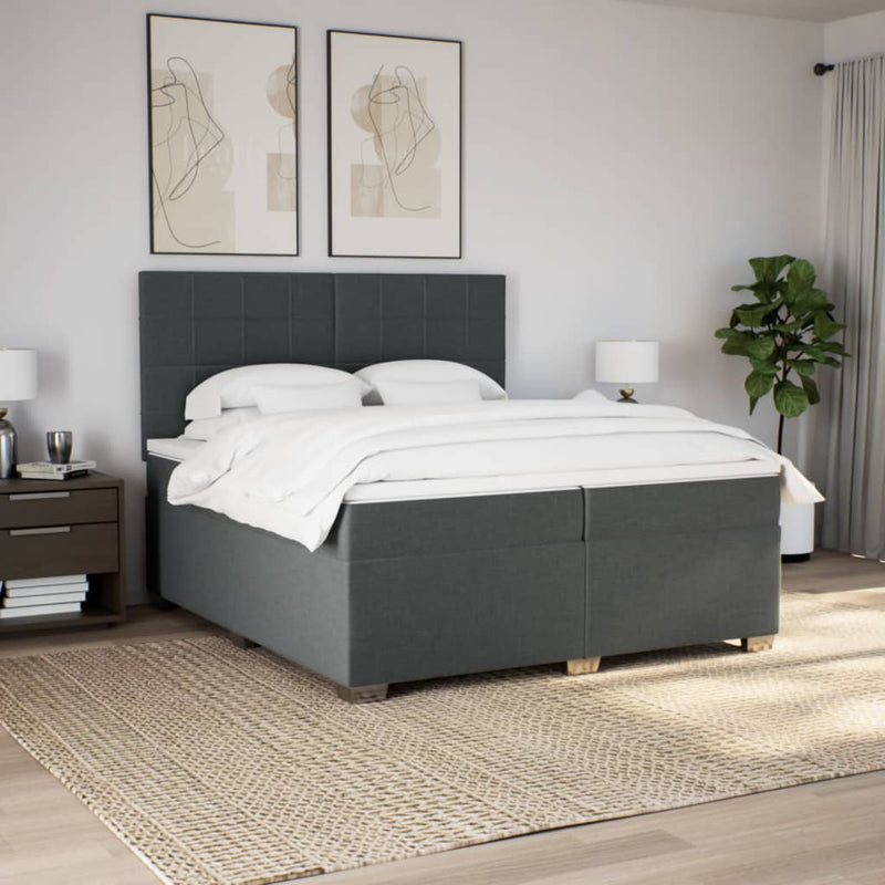 Pat box spring cu saltea, gri închis, 200x200 cm, textil