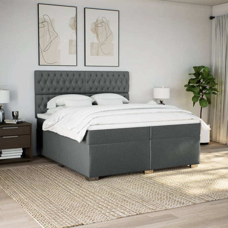 Pat box spring cu saltea, gri închis, 200x200 cm, textil