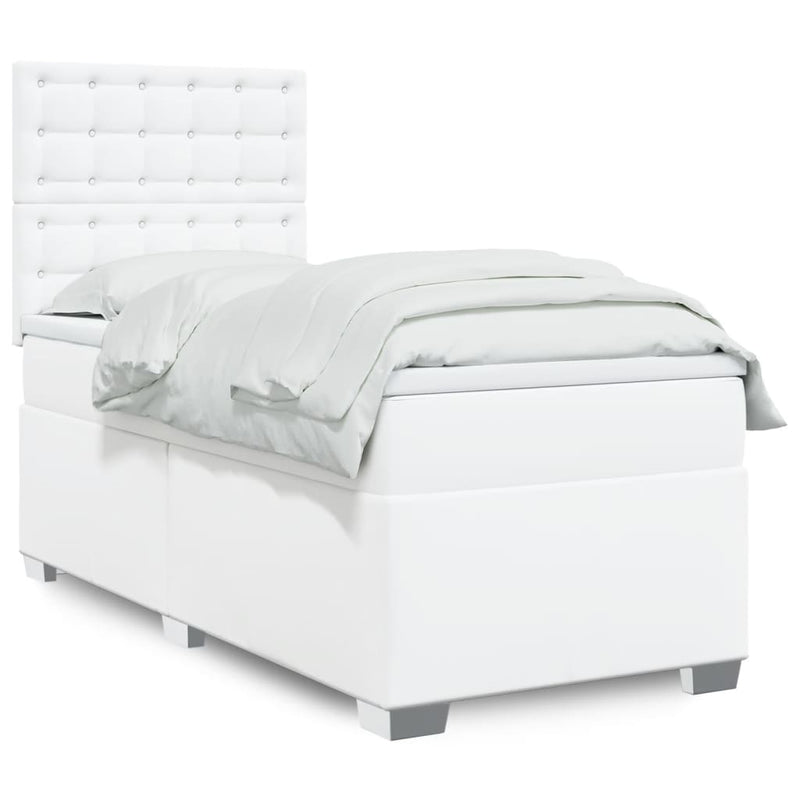 Pat box spring cu saltea, alb, 90x190 cm, piele ecologică