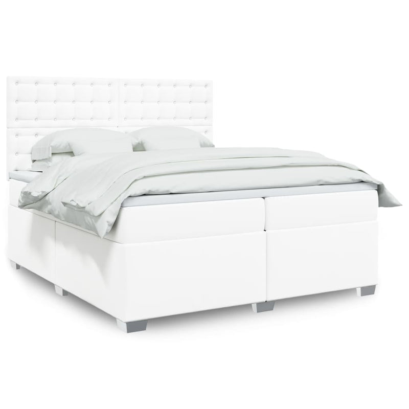 Pat box spring cu saltea, alb, 200x200 cm, piele ecologică