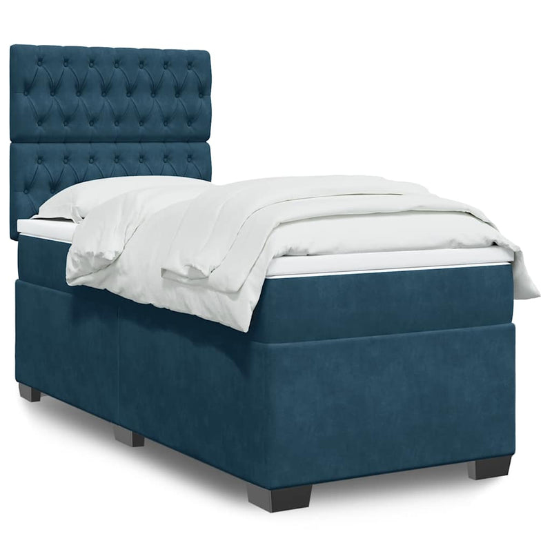 Pat box spring cu saltea, albastru, 90x190 cm, catifea