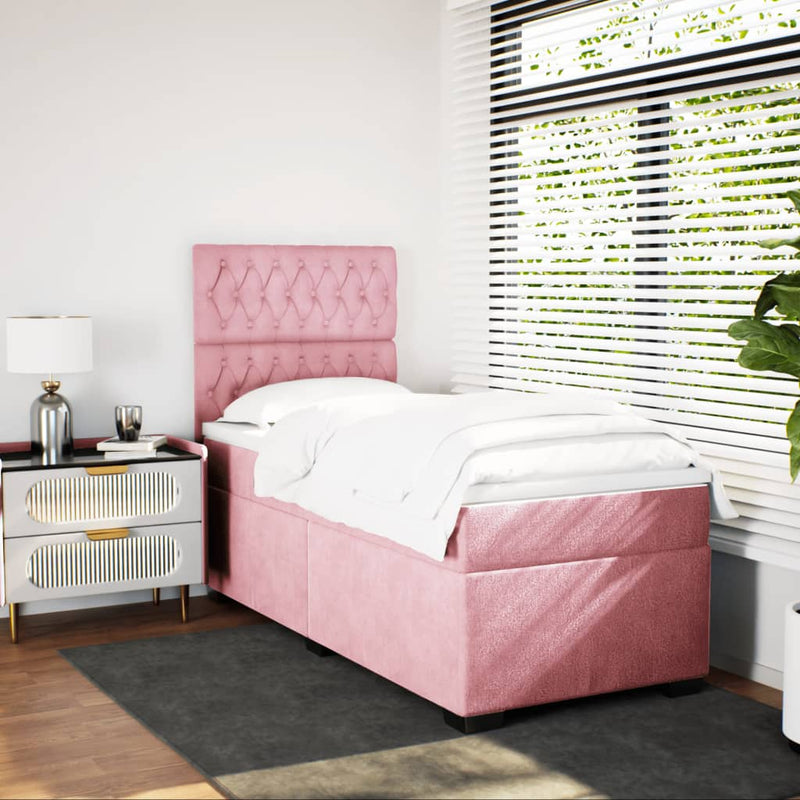 Pat box spring cu saltea, roz, 90x190 cm, catifea