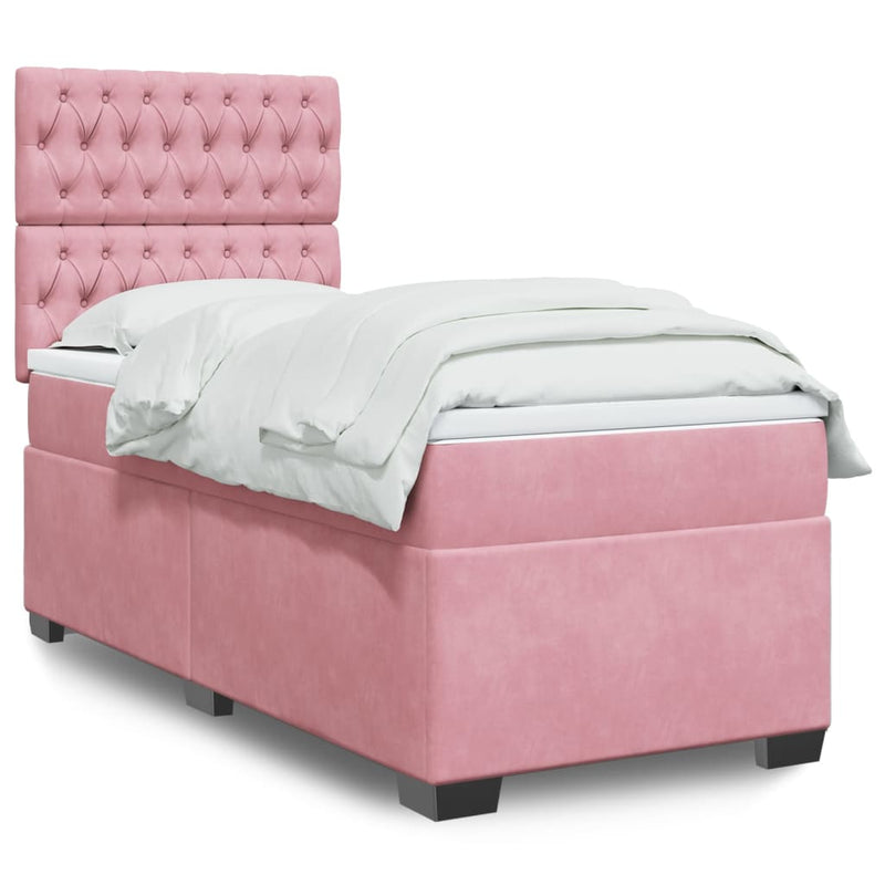 Pat box spring cu saltea, roz, 90x190 cm, catifea