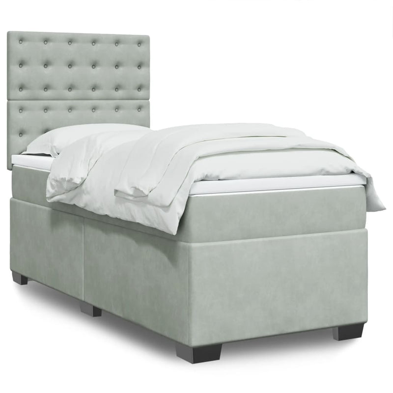 Pat box spring cu saltea, gri deschis, 90x190 cm, catifea