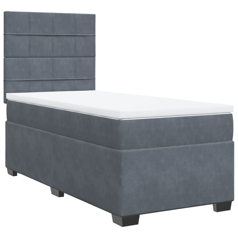 Pat box spring cu saltea, gri închis, 90x200 cm, catifea