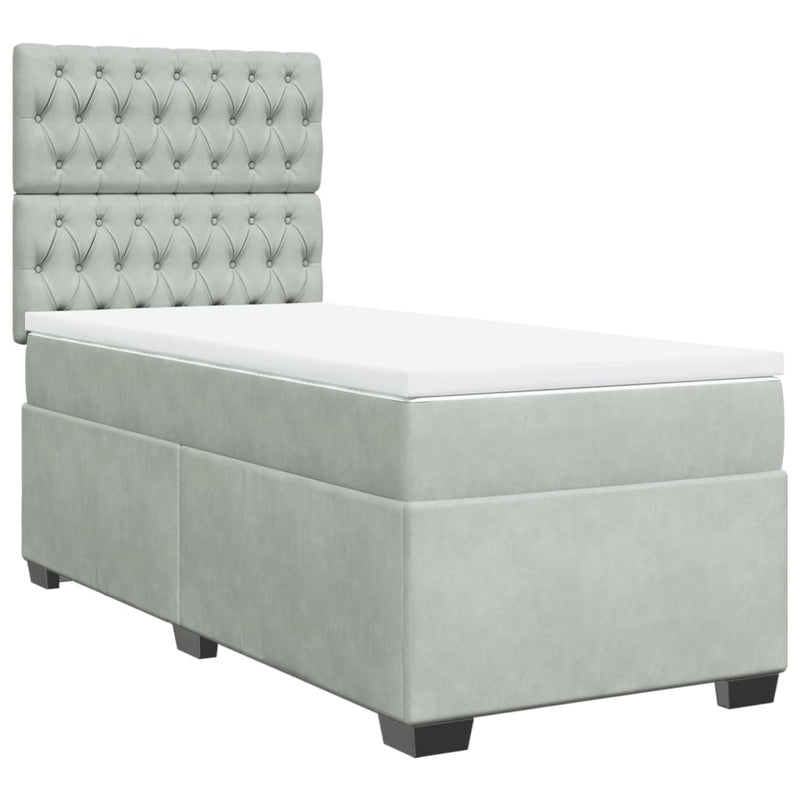 Pat box spring cu saltea, gri deschis, 90x200 cm, catifea