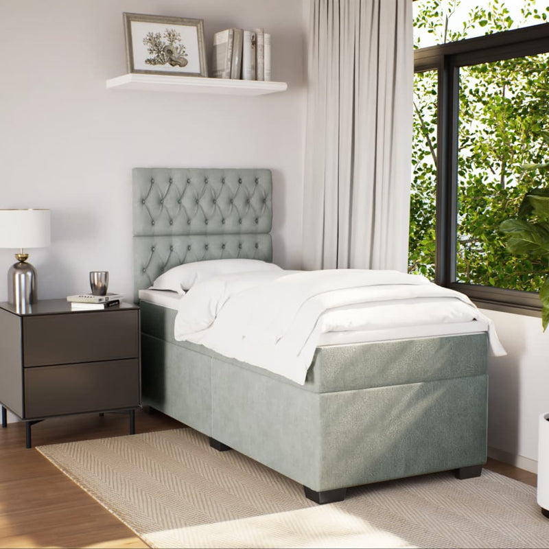 Pat box spring cu saltea, gri deschis, 90x200 cm, catifea