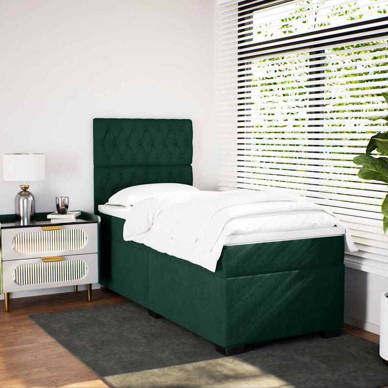 Pat box spring cu saltea, verde închis, 90x200 cm, catifea