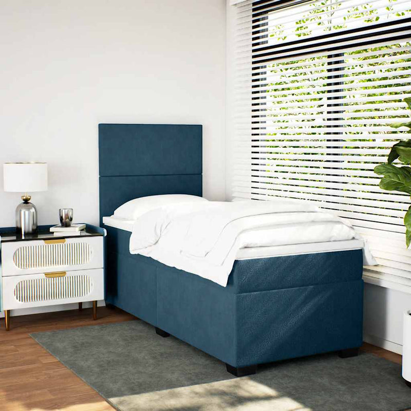 Pat box spring cu saltea, albastru, 100x200 cm, catifea