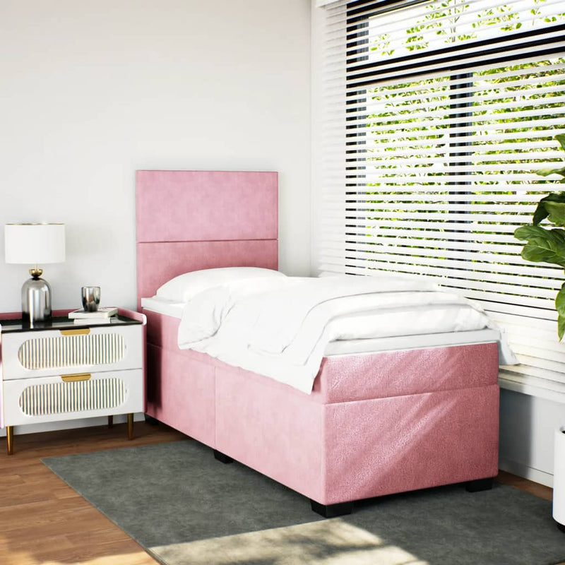 Pat box spring cu saltea, roz, 100x200 cm, catifea