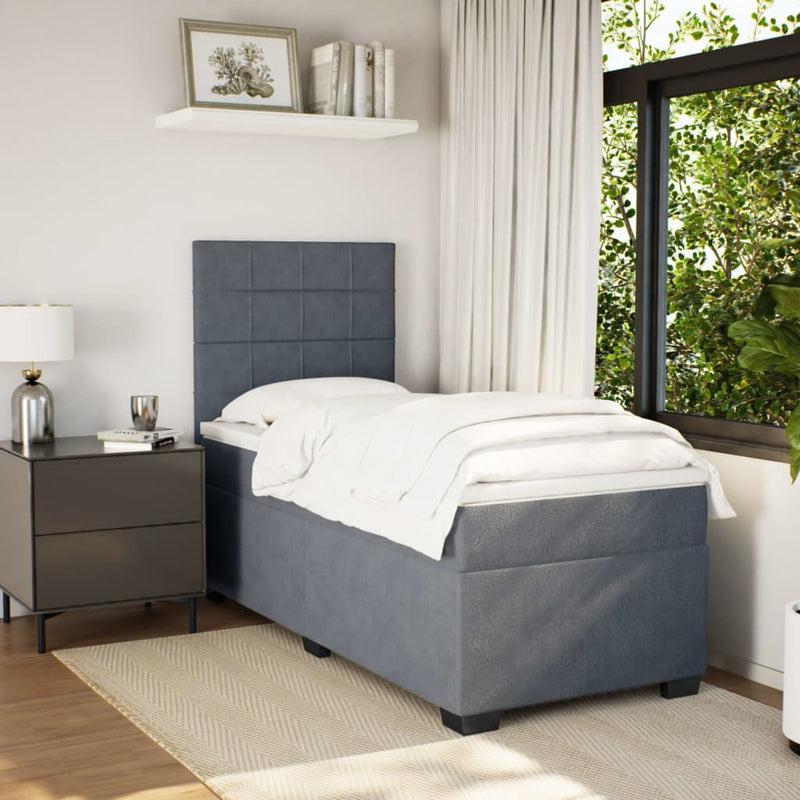 Pat box spring cu saltea, gri închis, 100x200 cm, catifea