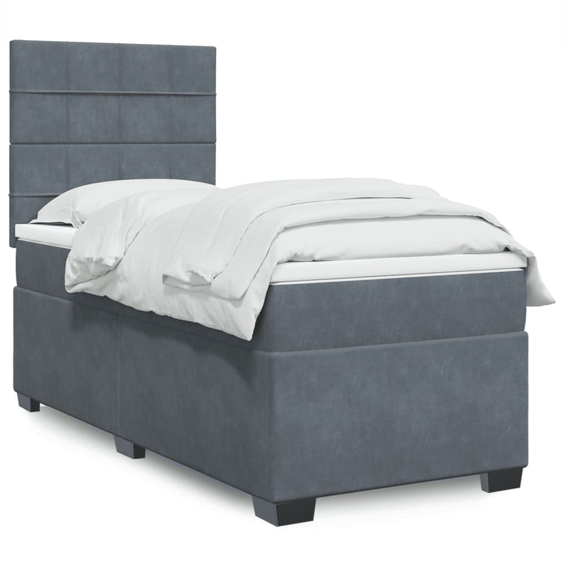 Pat box spring cu saltea, gri închis, 100x200 cm, catifea