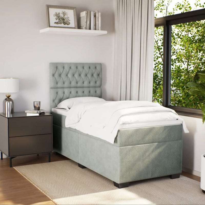 Pat box spring cu saltea, gri deschis, 100x200 cm, catifea