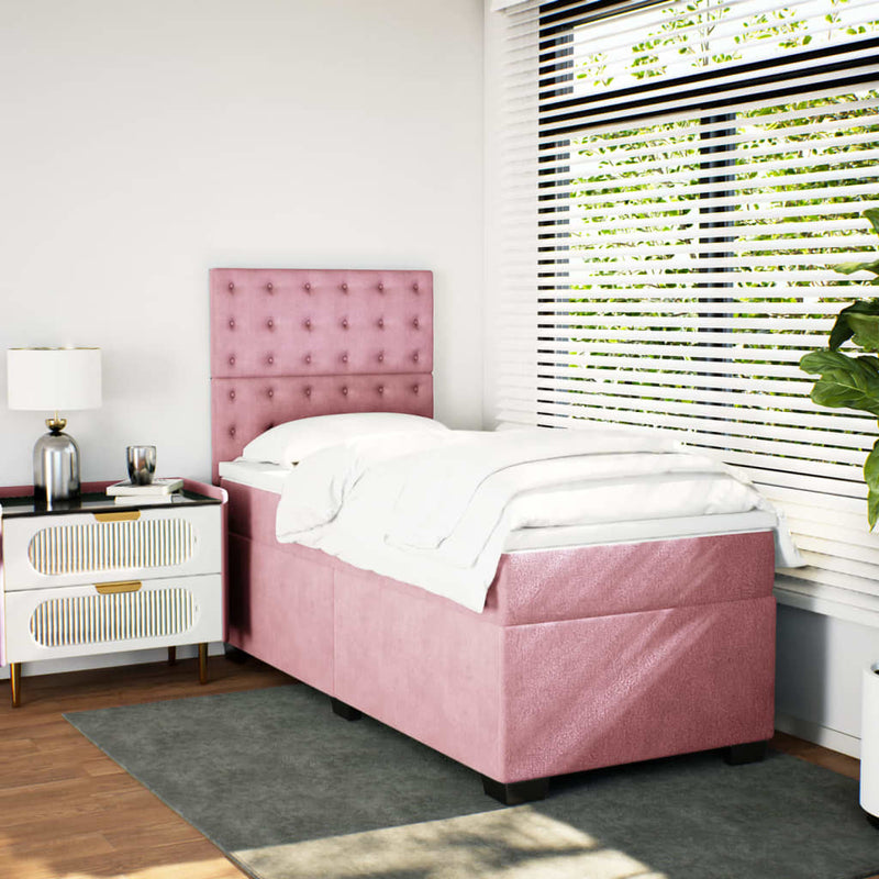 Pat box spring cu saltea, roz, 100x200 cm, catifea