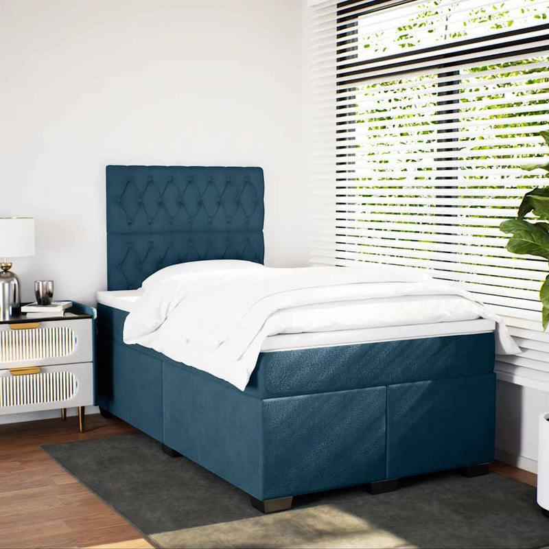 Pat box spring cu saltea, albastru, 120x200 cm, catifea