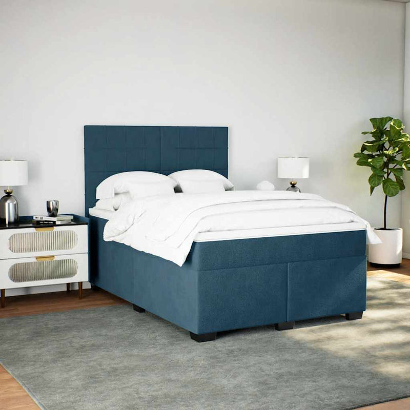 Pat box spring cu saltea, albastru, 140x190 cm, catifea