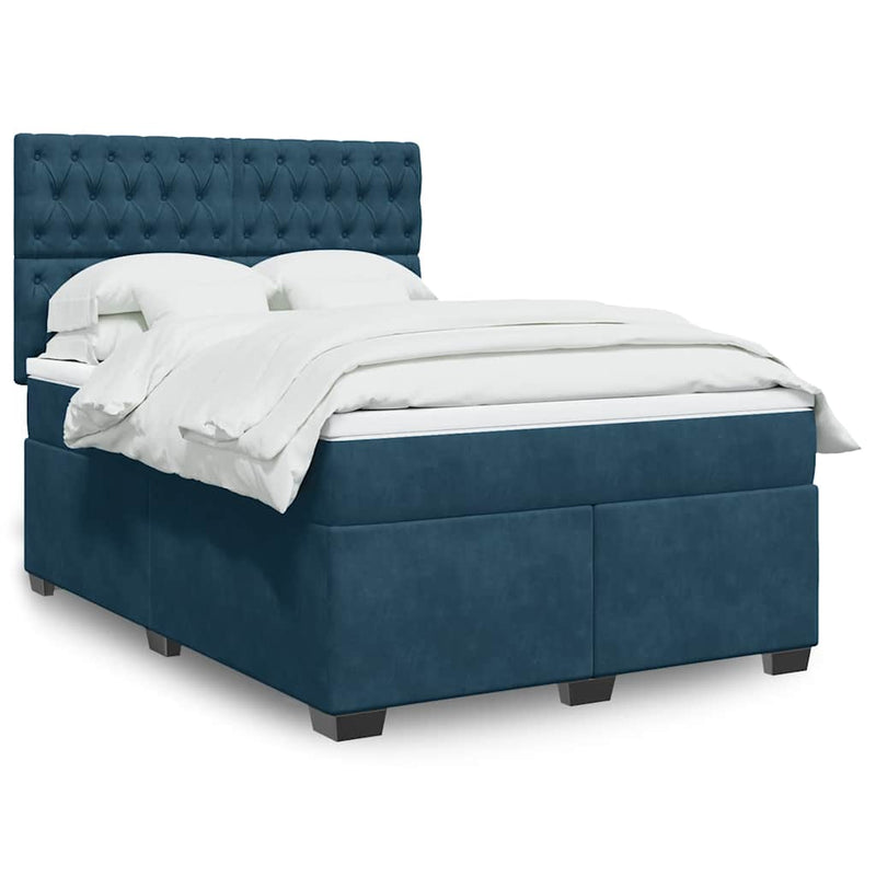 Pat box spring cu saltea, albastru, 140x190 cm, catifea