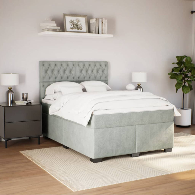 Pat box spring cu saltea, gri deschis, 140x200 cm, catifea