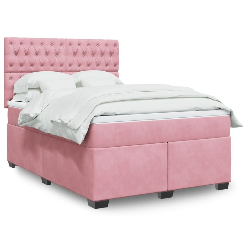 Pat box spring cu saltea, roz, 140x200 cm, catifea
