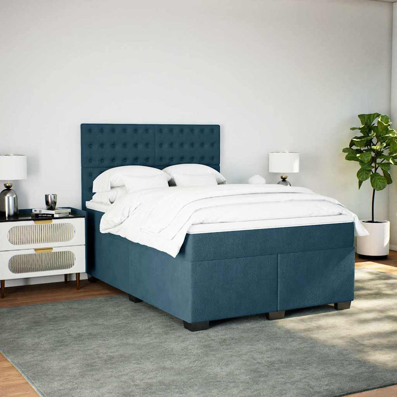 Pat box spring cu saltea, albastru, 140x200 cm, catifea