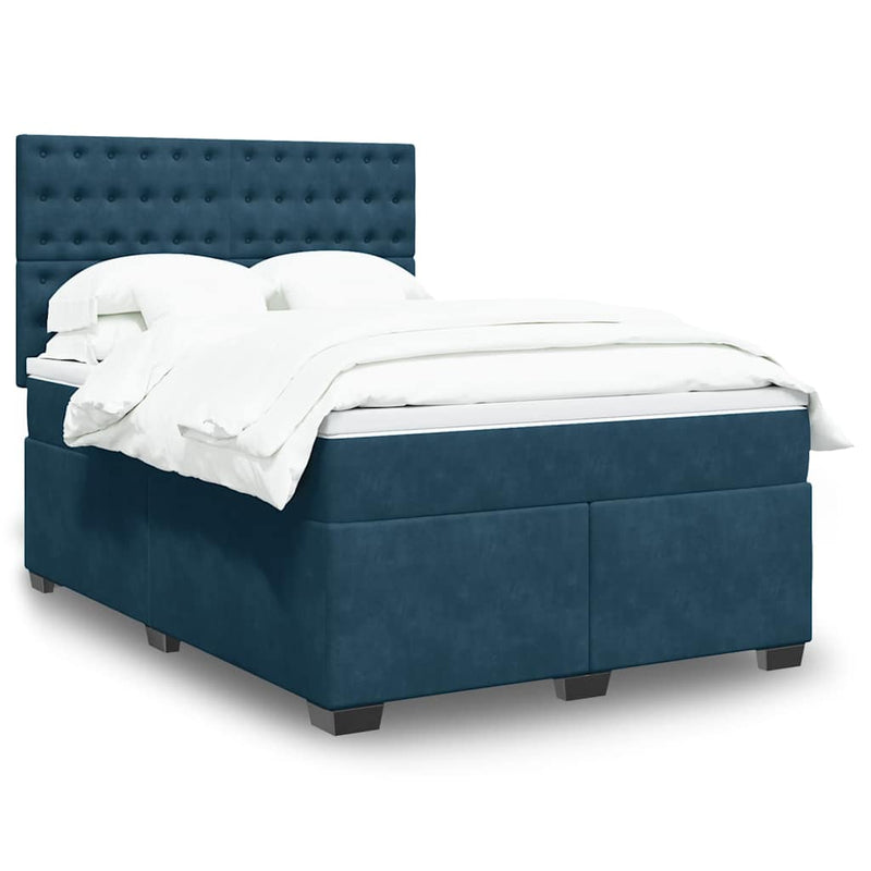 Pat box spring cu saltea, albastru, 140x200 cm, catifea