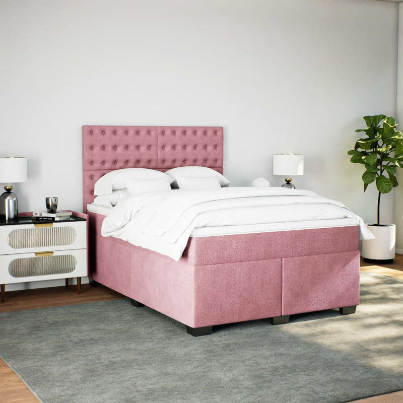 Pat box spring cu saltea, roz, 160x200 cm, catifea