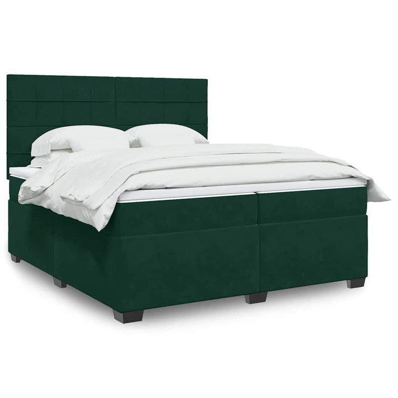 Pat box spring cu saltea, verde închis, 200x200 cm, catifea