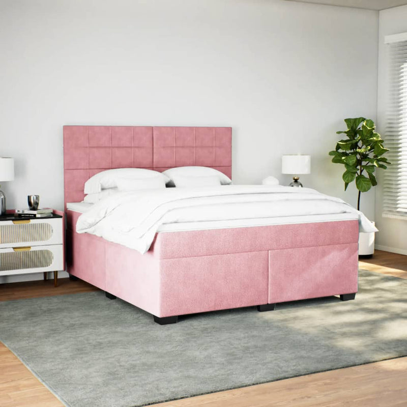 Pat box spring cu saltea, roz, 200x200 cm, catifea