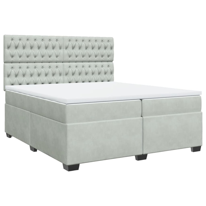 Pat box spring cu saltea, gri deschis, 200x200 cm, catifea