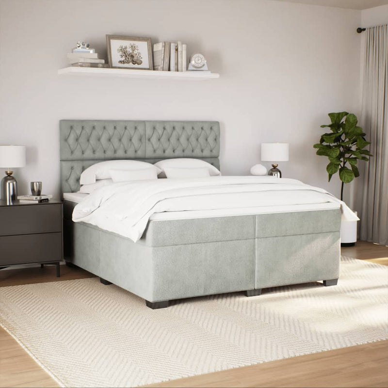 Pat box spring cu saltea, gri deschis, 200x200 cm, catifea