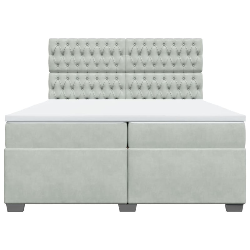 Pat box spring cu saltea, gri deschis, 200x200 cm, catifea