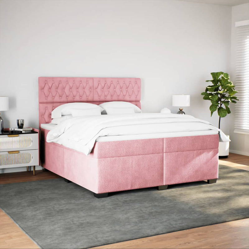 Pat box spring cu saltea, roz, 200x200 cm, catifea