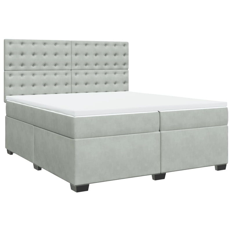 Pat box spring cu saltea, gri deschis, 200x200 cm, catifea